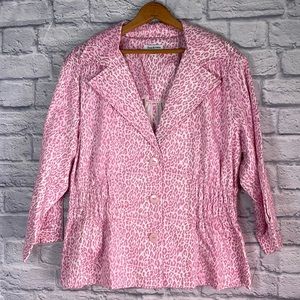 Joan Rivers Women Pink White Leopard Print Wide Sleeves 3 Button Stretch Jacket